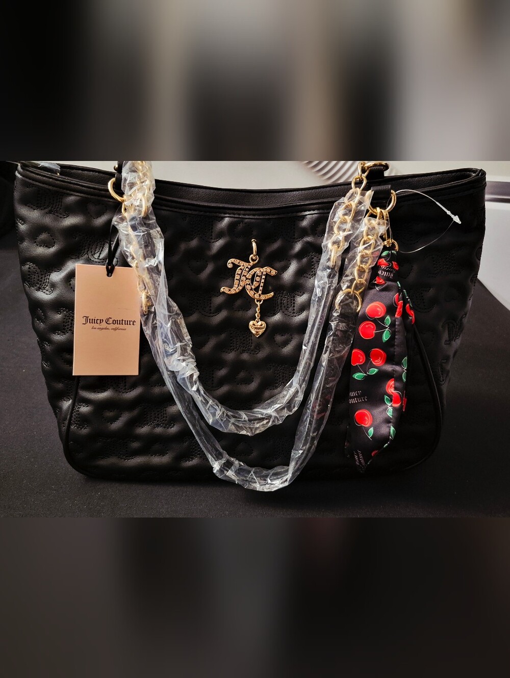 Juicy Couture Black Quilted Tote with Gold Hardware and Cherry Scarf